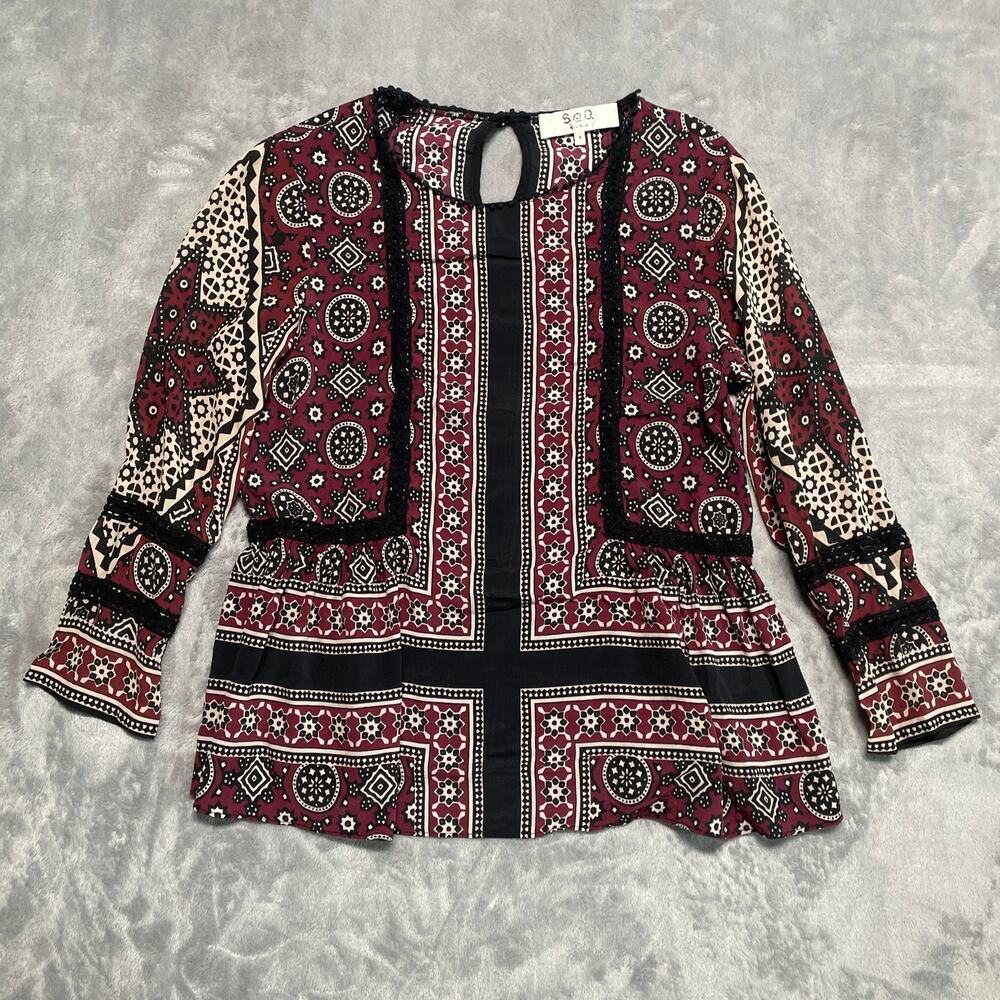 SEA New York Ezri Blouse Womens 4 Silk Blend Floral Boho Peplum Lattice Lace